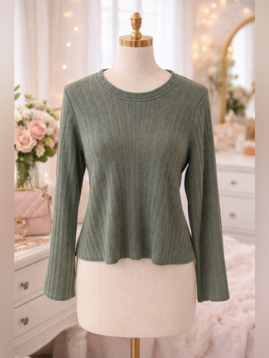 Fantaslook Tops - Fantaslook Sage Green Ribbed Knit Sweater Size Large Boho Textured Stretch Top